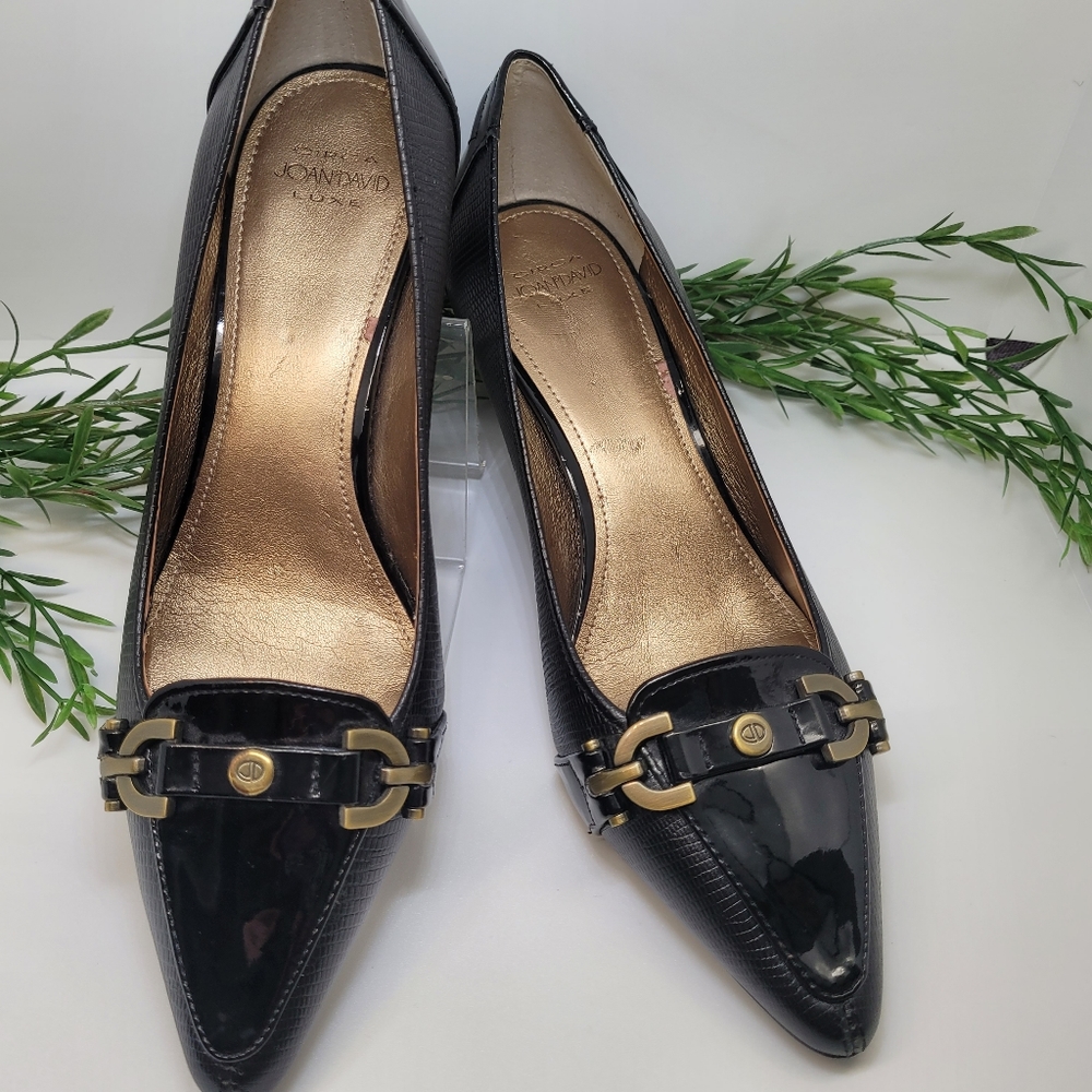 Joan &David Lux Point Toe Patent & Textured Leather with Bronze Hardware Size 7